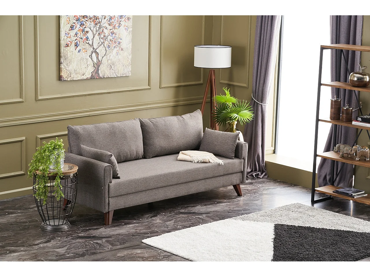 Canapé convertible 3 places tissu marron clair Kandy 208cm