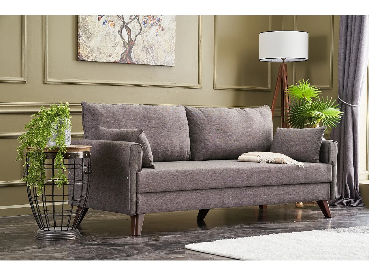 Canapé convertible 3 places tissu marron clair Kandy 208cm