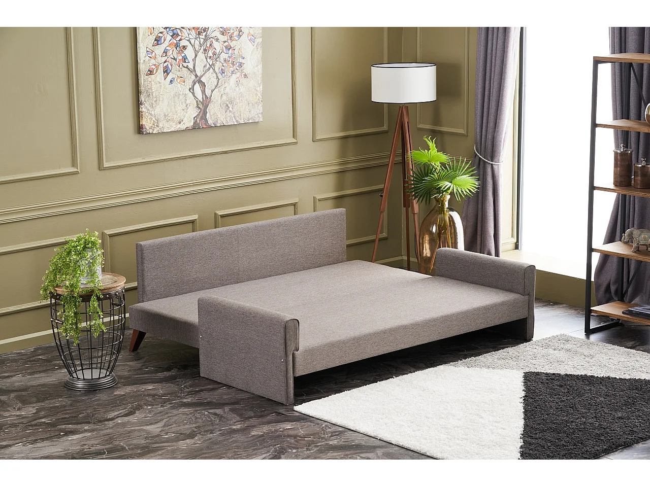 Canapé convertible 3 places tissu marron clair Kandy 208cm