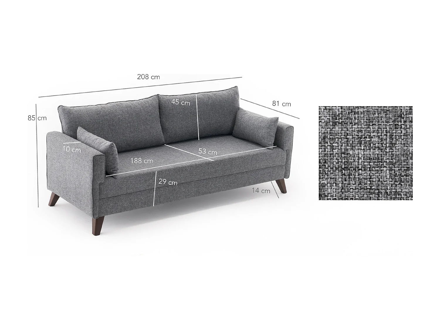 Canapé 3 places tissu gris Kandy 208cm