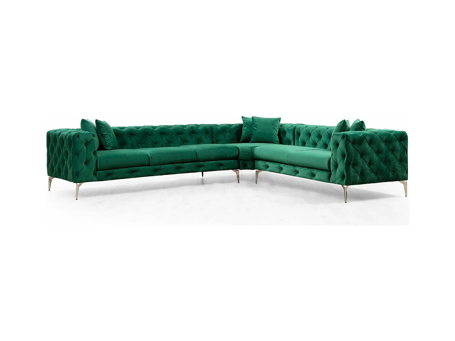 Hoekbank links gestoffeerd in groen fluweel en chromen poten Herakles 270 cm