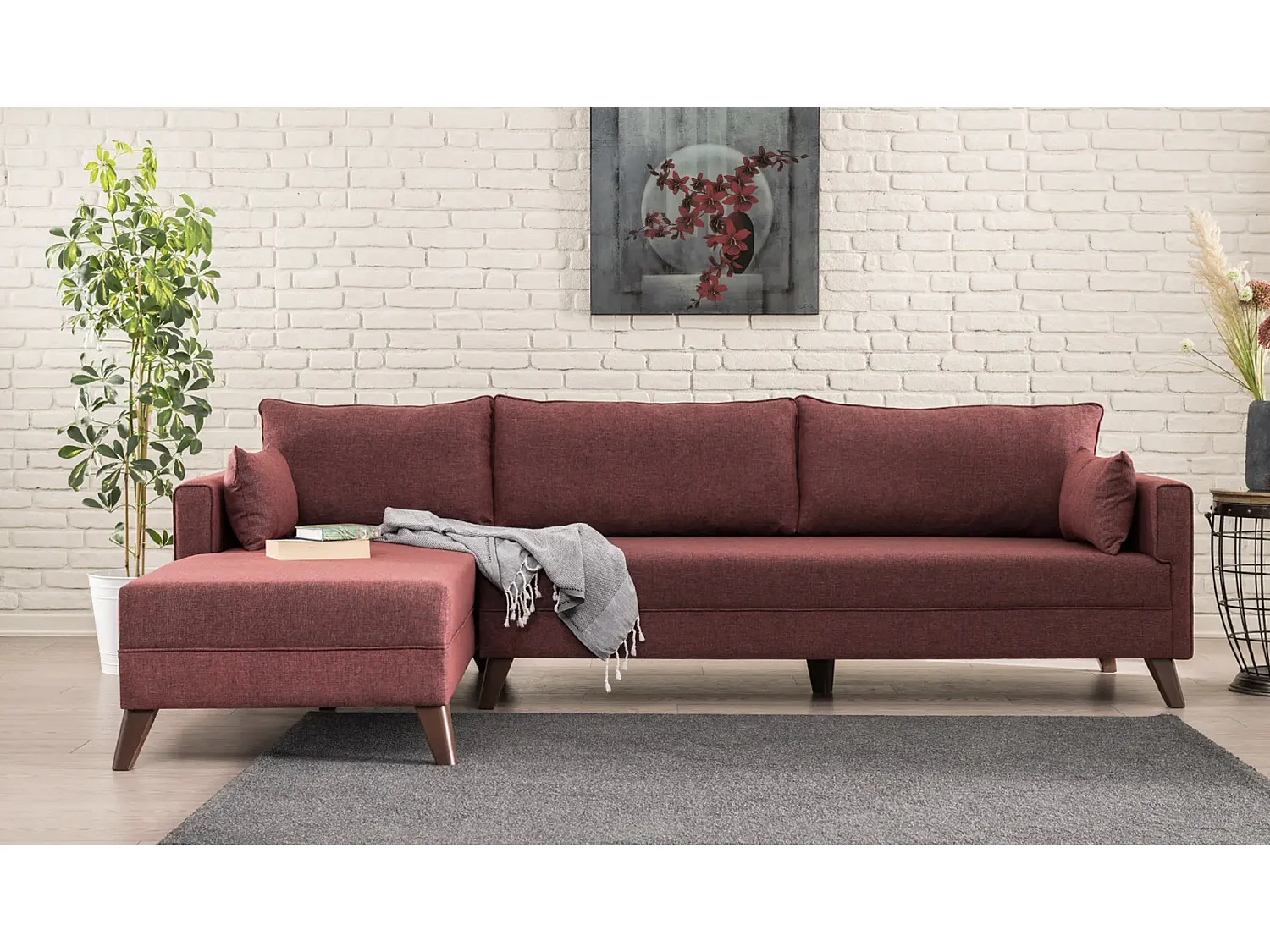 Canapé d'angle gauche 5 places tissu bordeaux Kandy 275cm