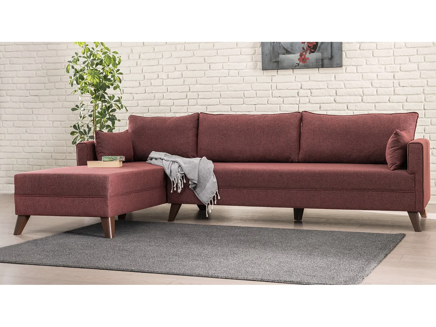 Canapé d'angle gauche 5 places tissu bordeaux Kandy 275cm