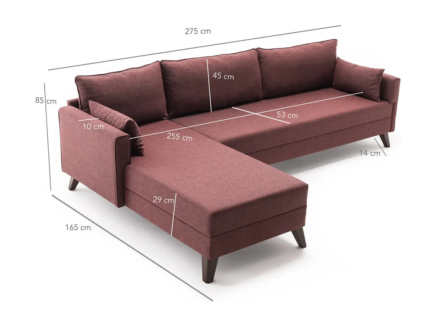 Canapé d'angle gauche 5 places tissu bordeaux Kandy 275cm