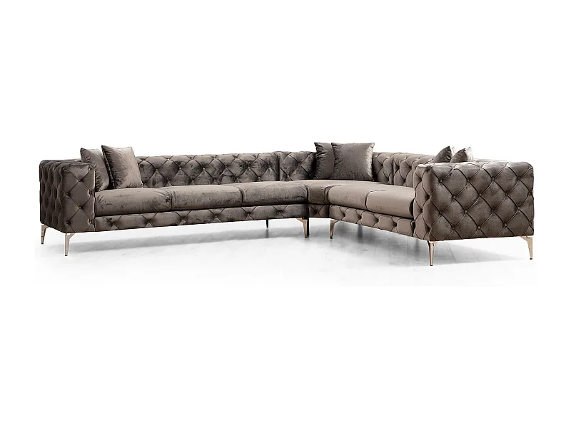 Canapé d'angle droit capitonné velours gris foncé et pieds chromés Herakles 270cm