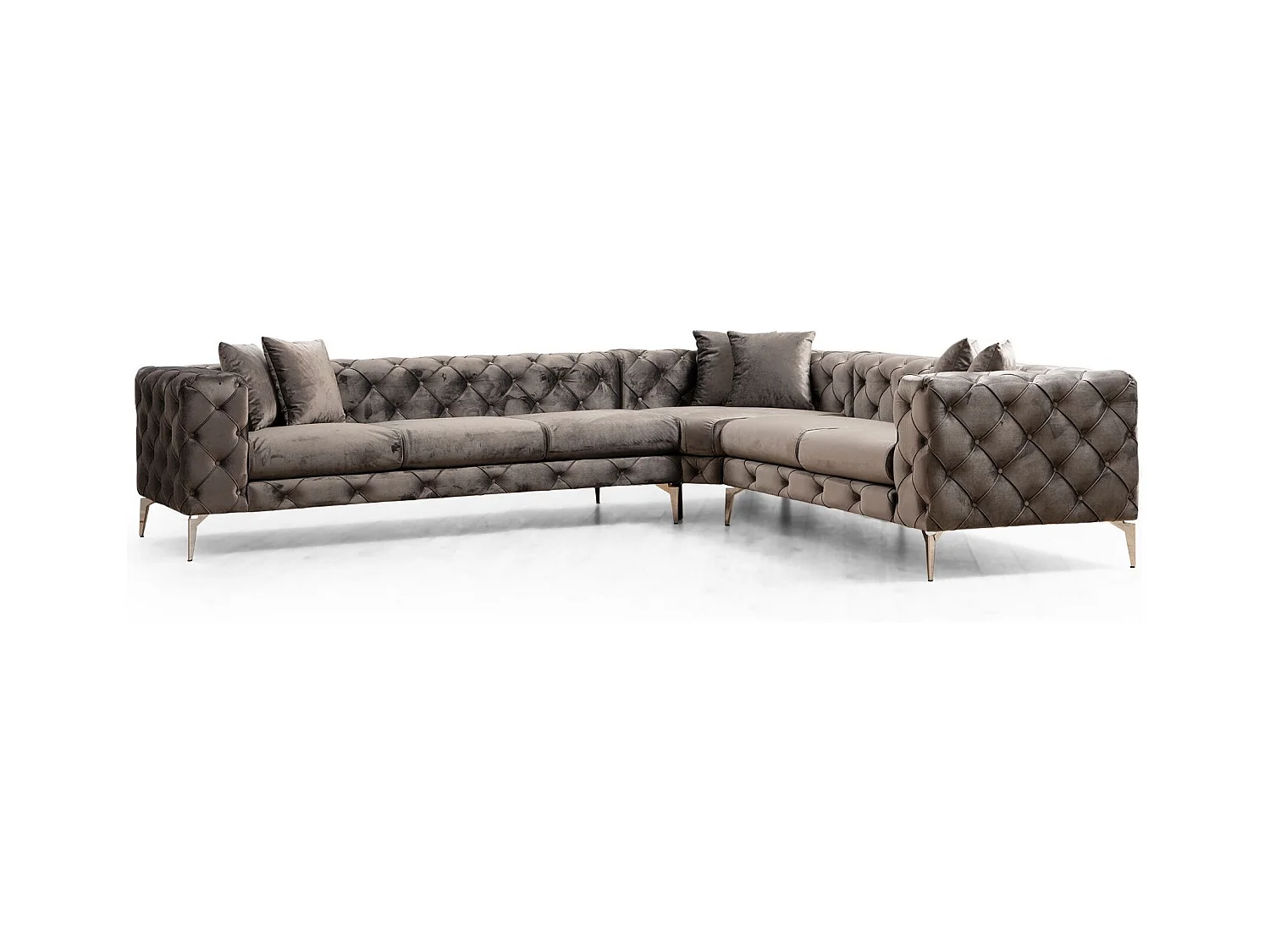 Canapé d'angle droit capitonné velours gris foncé et pieds chromés Herakles 270cm