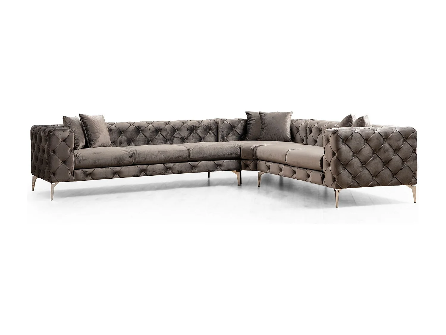 Canapé d'angle droit capitonné velours gris foncé et pieds chromés Herakles 270cm