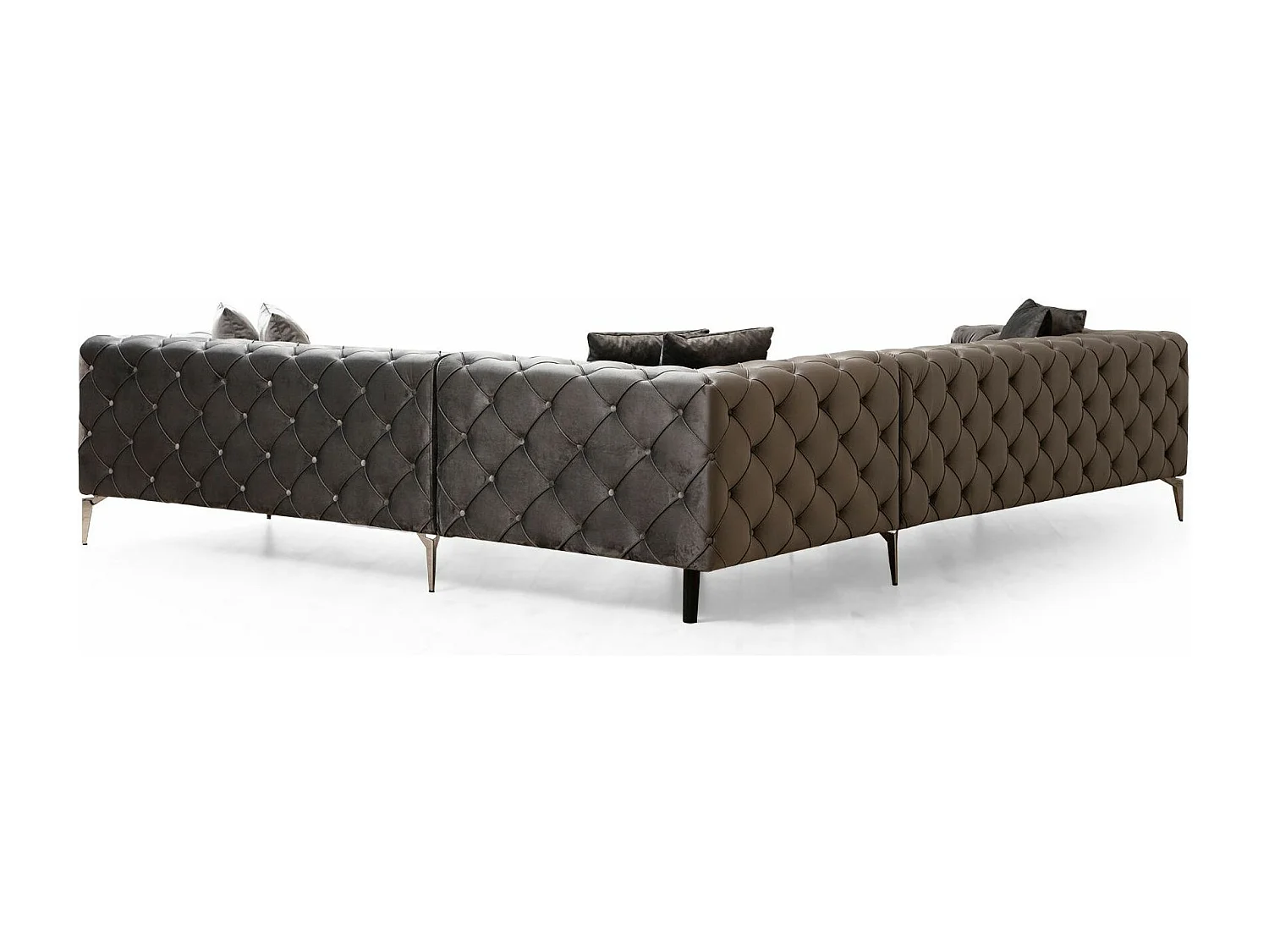 Canapé d'angle droit capitonné velours gris foncé et pieds chromés Herakles 270cm