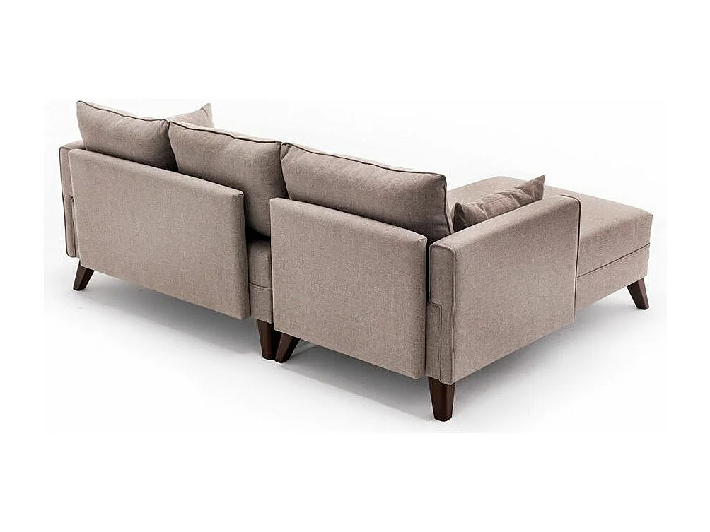 Kleine hoekbank links met beige Kandy stoffen poef 205 cm