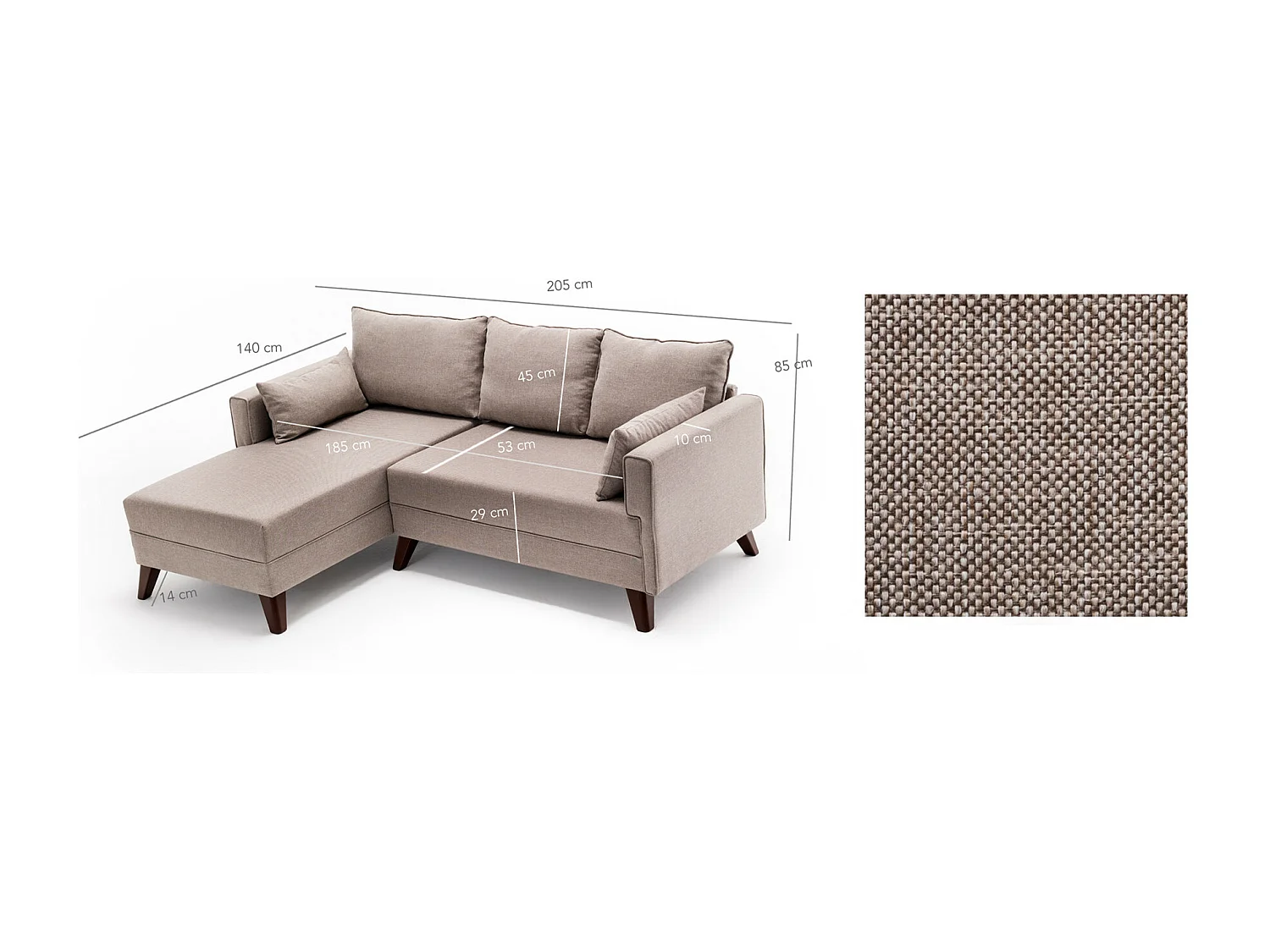 Kleine hoekbank links met beige Kandy stoffen poef 205 cm