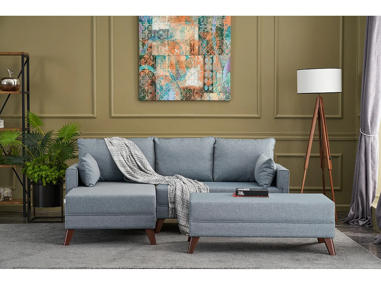 Petit canapé convertible d'angle gauche avec pouf tissu bleu Kandy 205cm