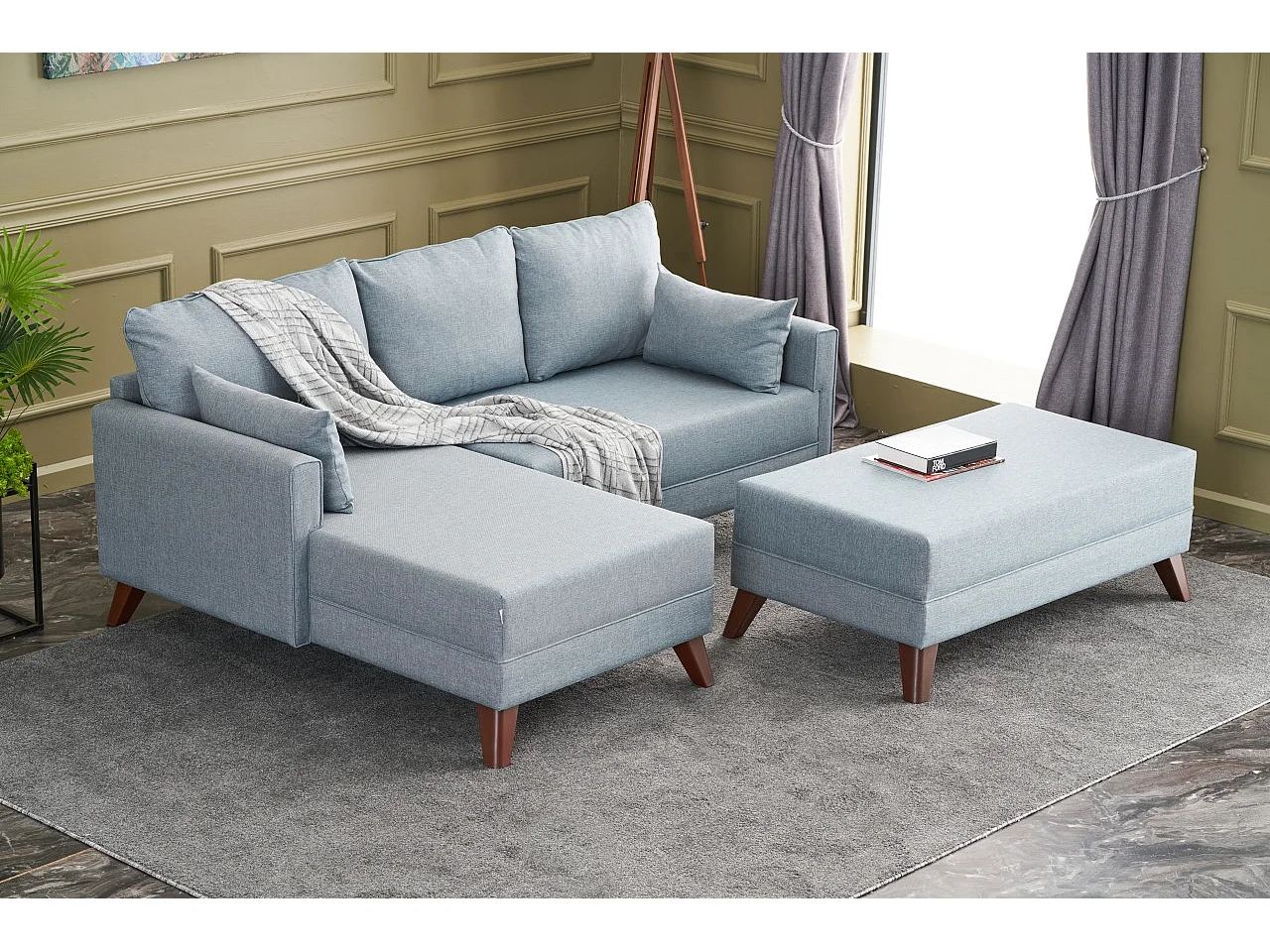 Petit canapé convertible d'angle gauche avec pouf tissu bleu Kandy 205cm