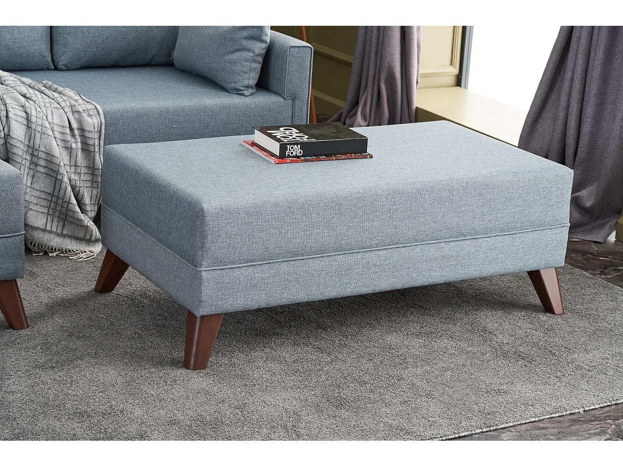 Petit canapé convertible d'angle gauche avec pouf tissu bleu Kandy 205cm