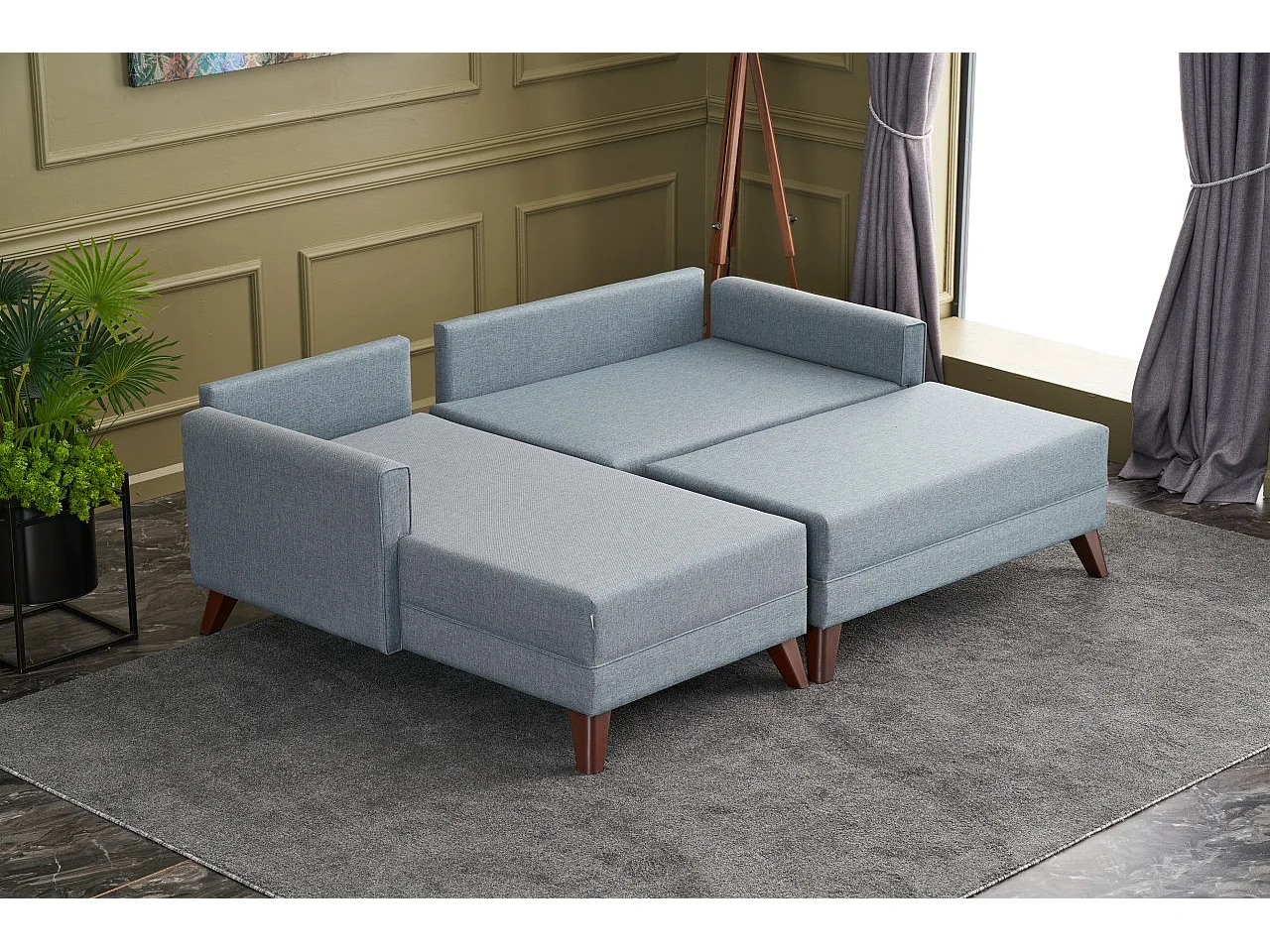 Petit canapé convertible d'angle gauche avec pouf tissu bleu Kandy 205cm