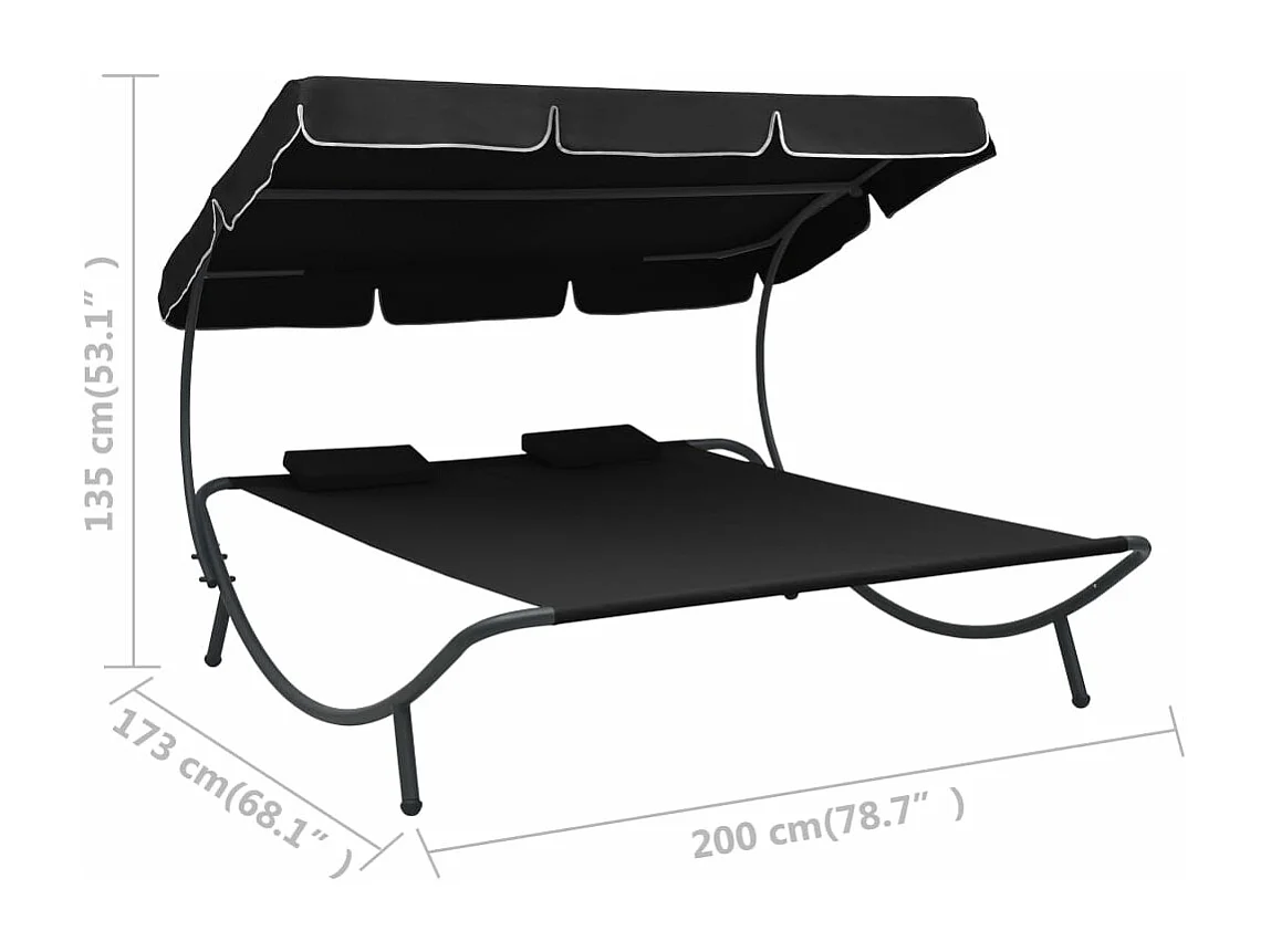 Lit de repos d'extérieur avec auvent et oreillers Noir