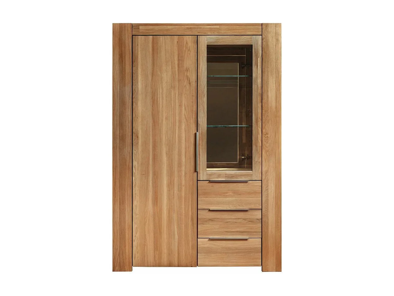 Vitrine en chêne massif 2 portes 3 tiroirs Nordo 130cm