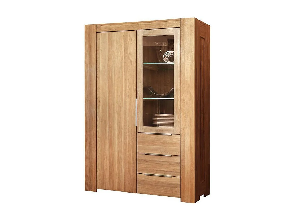 Vitrine en chêne massif 2 portes 3 tiroirs Nordo 130cm