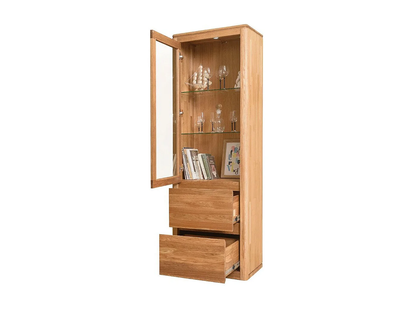 Velida vitrinekast met 1 deur in massief eiken en glas 61 cm