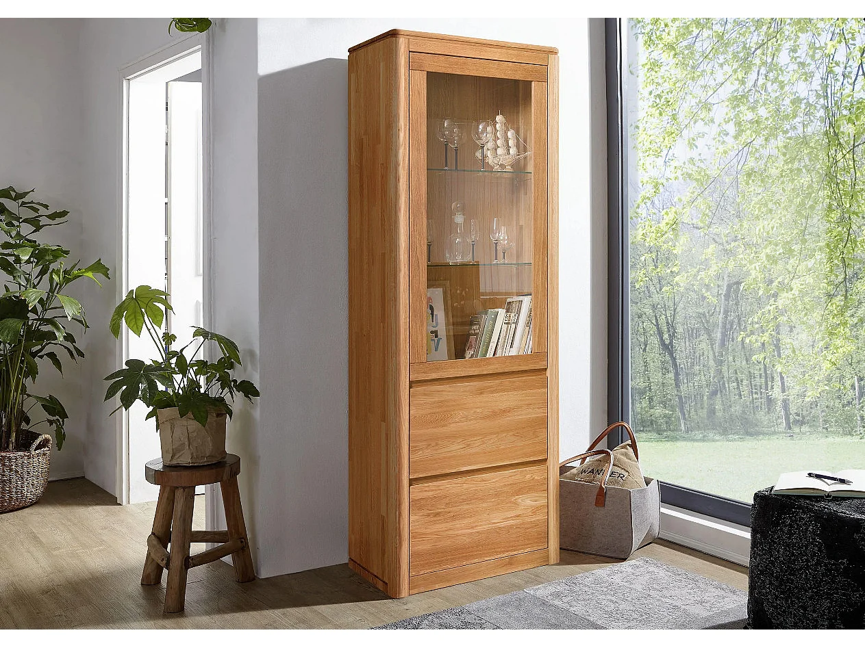 Velida vitrinekast met 1 deur in massief eiken en glas 61 cm