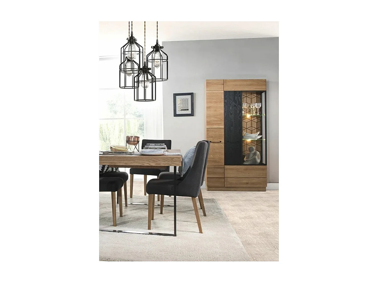 Vitrine en bois de chêne miel et acier noir Mazora 95cm