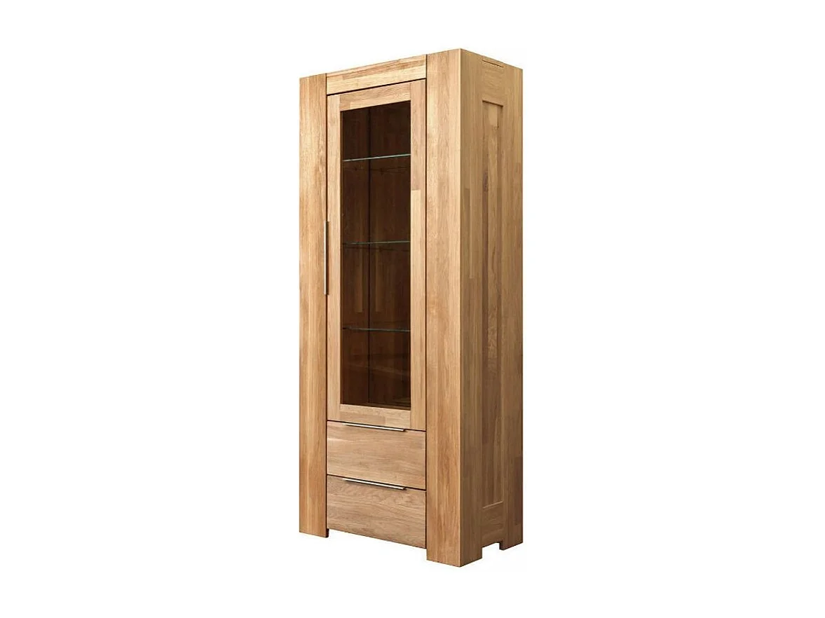 Massief eiken vitrinekast 1 glazen deur 2 laden Nordo 80 cm