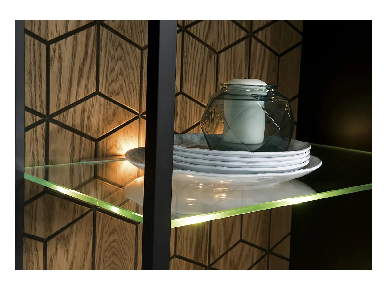 Vitrine 1 porte en bois de chêne miel et acier noir Mazora 67cm