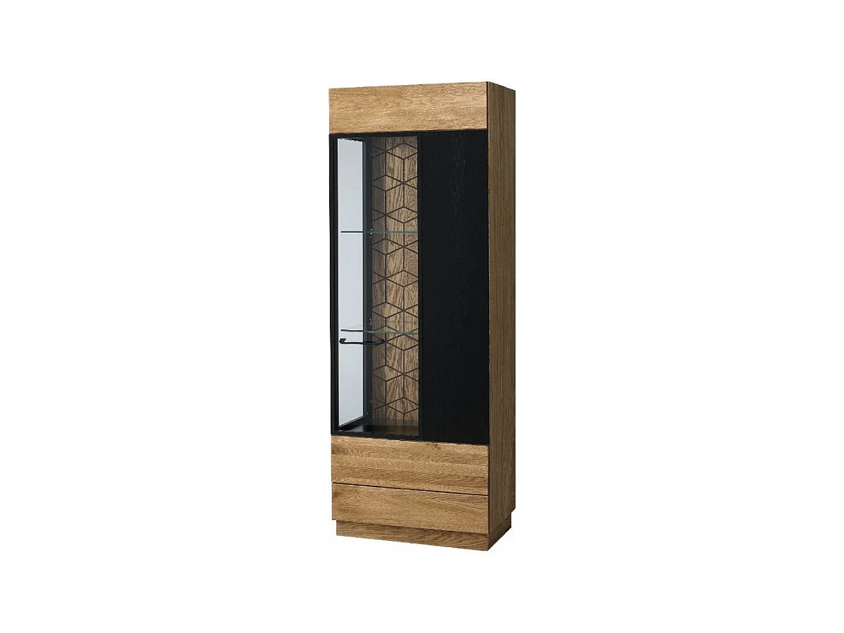 Vitrine 1 porte en bois de chêne miel et acier noir Mazora 67cm