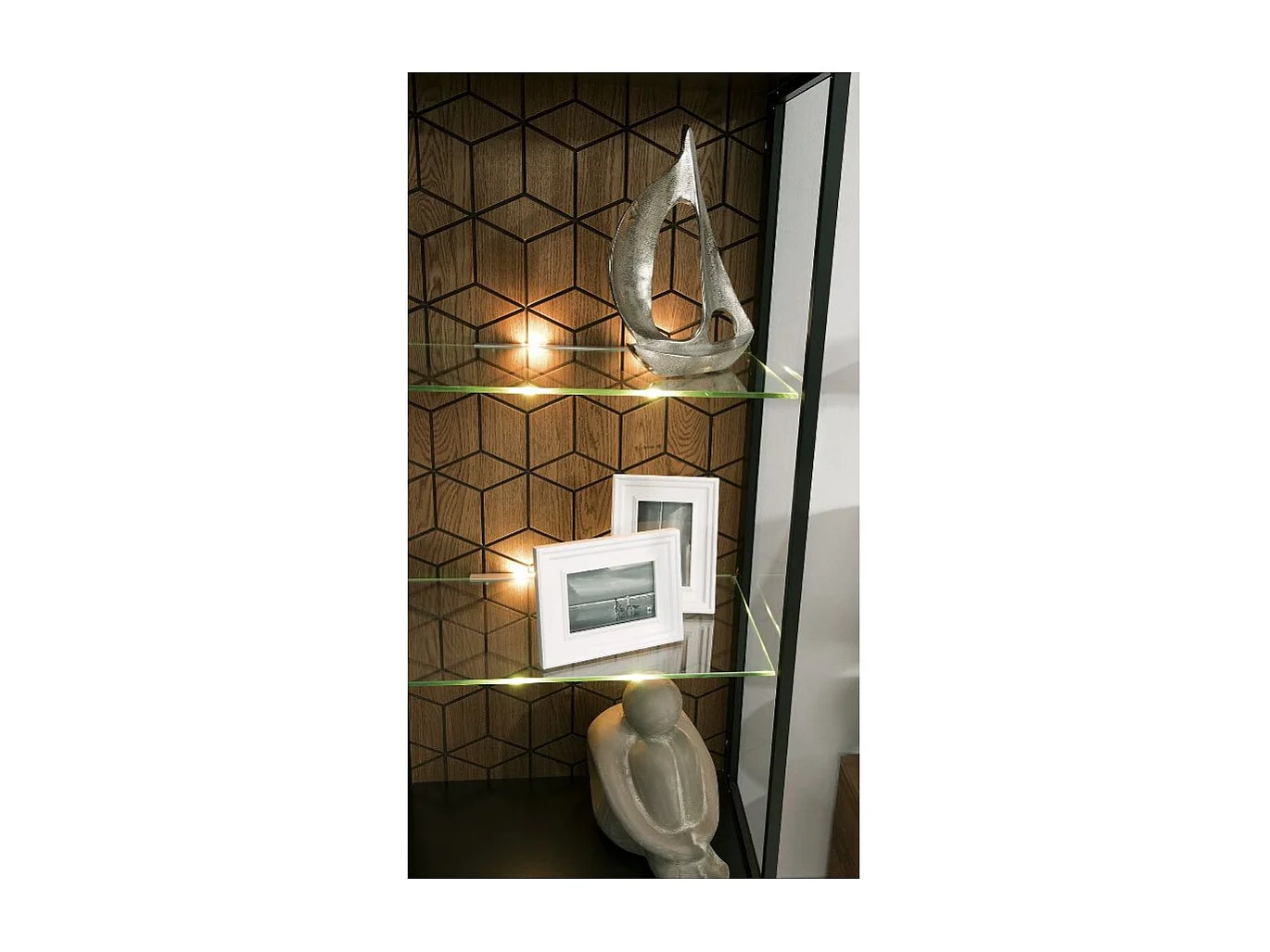 Vitrine 1 porte en bois de chêne miel et acier noir Mazora 67cm