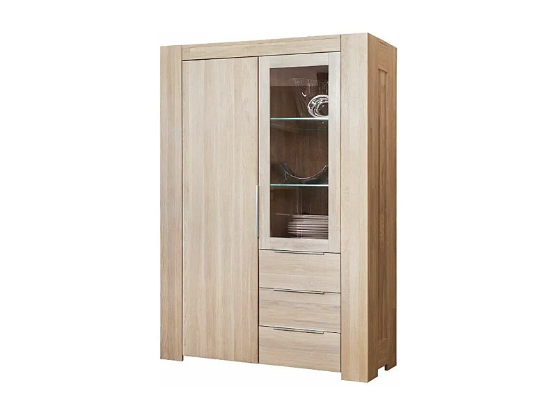Vitrine en chêne massif blanchi 2 portes 3 tiroirs Nordo 130cm