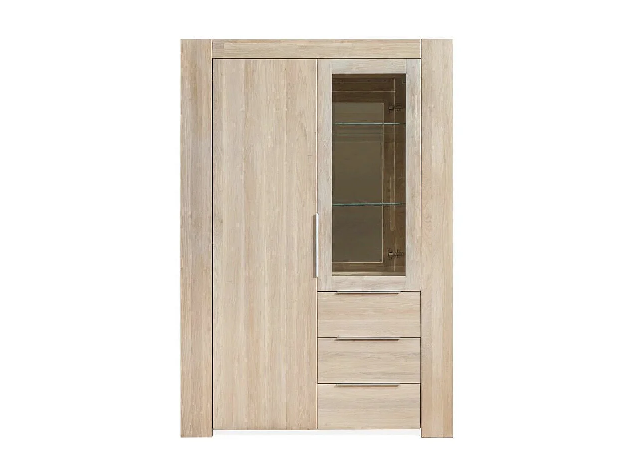 Vitrina roble macizo blanqueado 2 puertas 3 cajones Nordo 130 cm