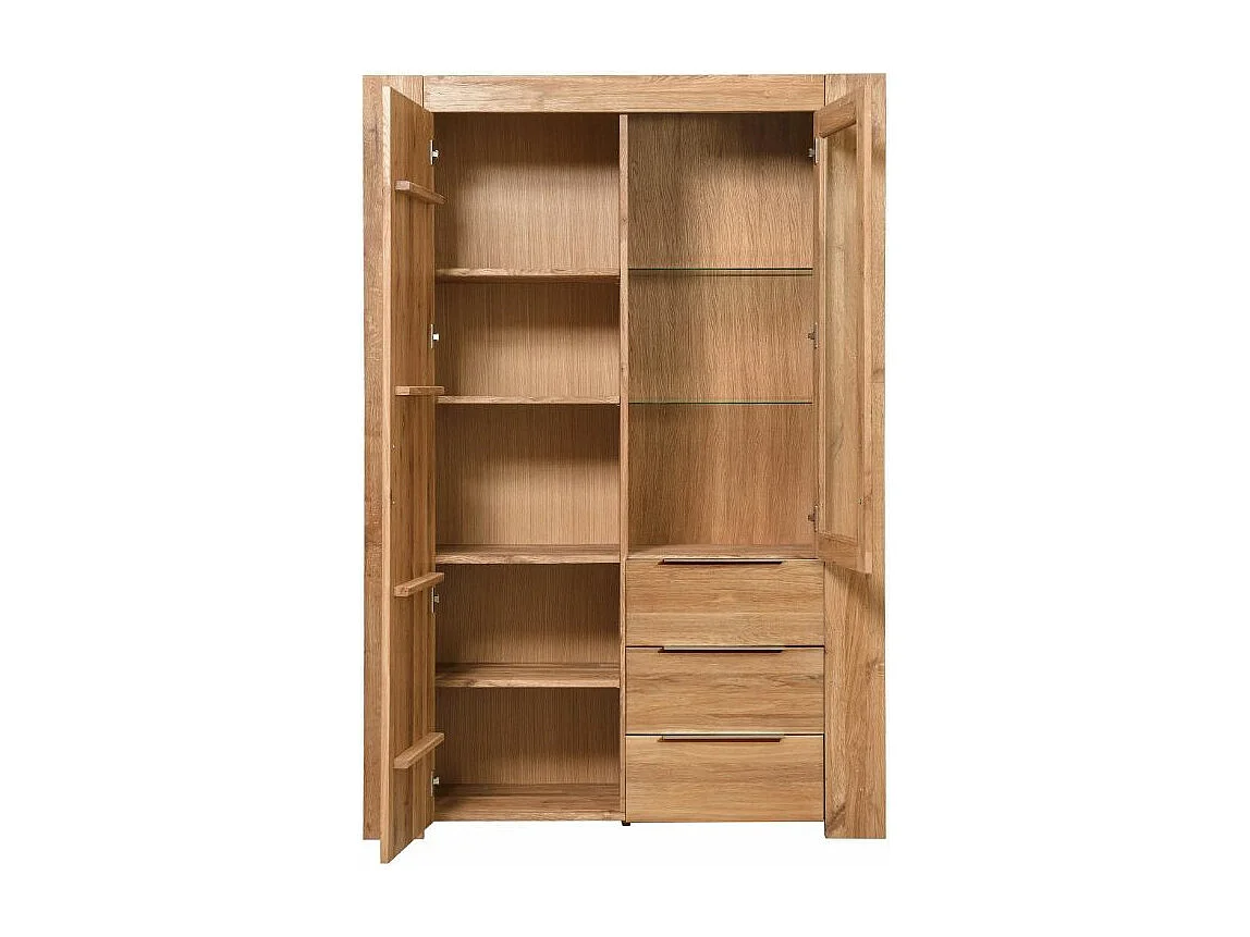 Vitrina roble macizo blanqueado 2 puertas 3 cajones Nordo 130 cm