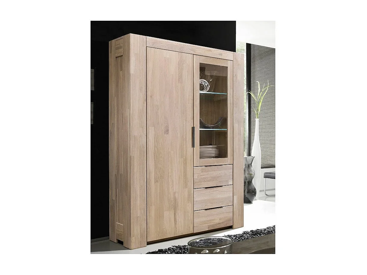 Vitrina roble macizo blanqueado 2 puertas 3 cajones Nordo 130 cm