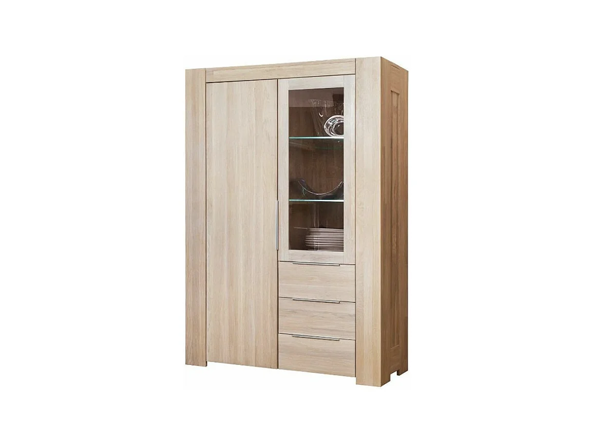 Vitrine en chêne massif blanchi 2 portes 3 tiroirs Nordo 130cm