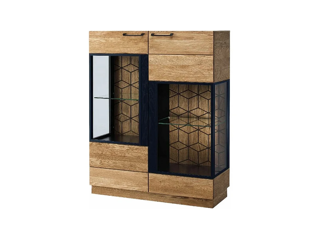 Vitrine 3 portes en bois de chêne miel et acier noir Mazora 107cm