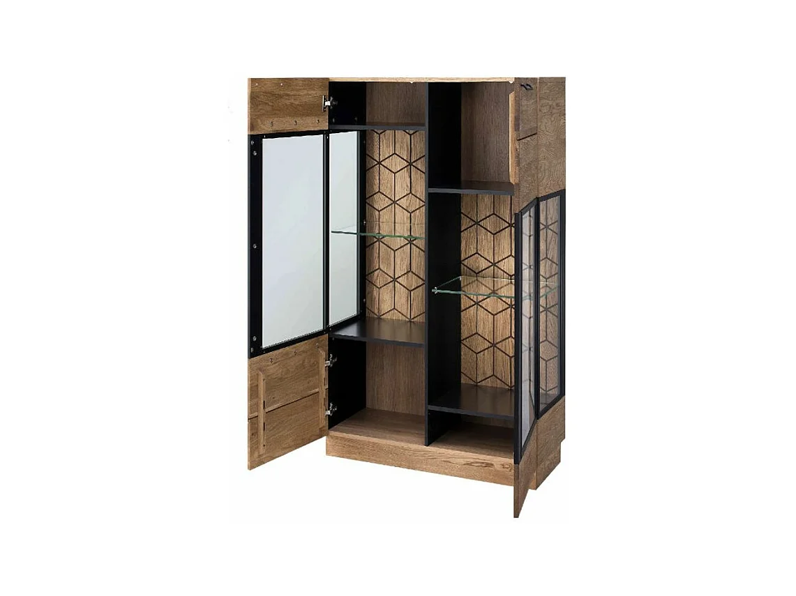 Vitrine 3 portes en bois de chêne miel et acier noir Mazora 107cm