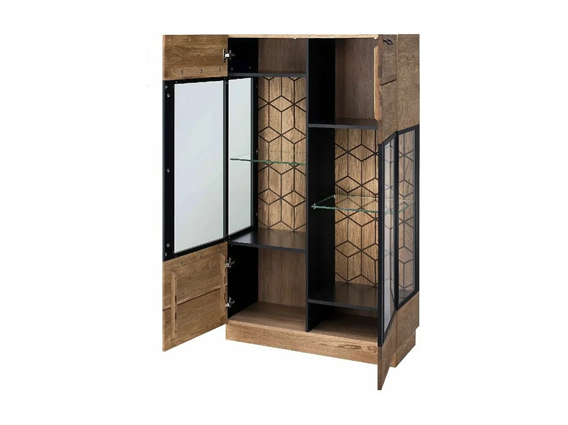 Vitrine 3 portes en bois de chêne miel et acier noir Mazora 107cm