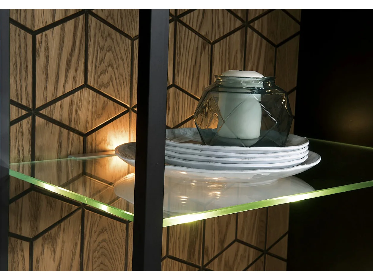 Vitrine 3 portes en bois de chêne miel et acier noir Mazora 107cm