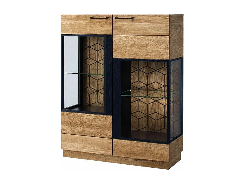 Vitrine 3 portes en bois de chêne miel et acier noir Mazora 107cm