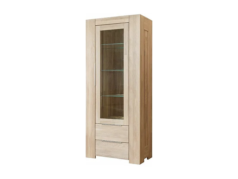 Vitrina en roble macizo blanqueado 1 puerta cristal 2 cajones Nordo 80 cm