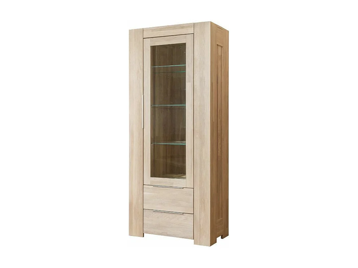 Vitrina en roble macizo blanqueado 1 puerta cristal 2 cajones Nordo 80 cm