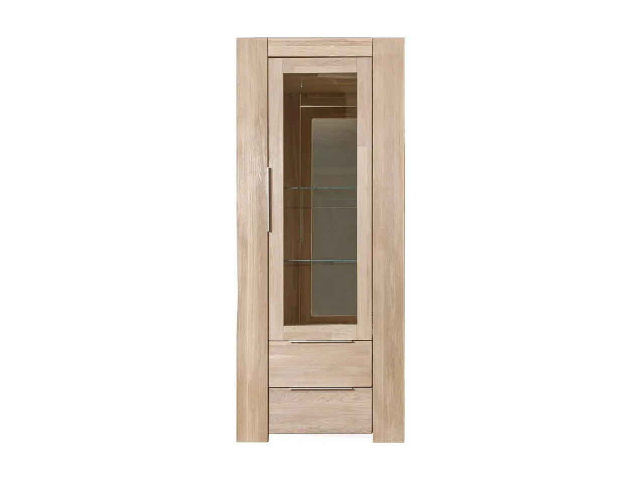 Vitrina en roble macizo blanqueado 1 puerta cristal 2 cajones Nordo 80 cm