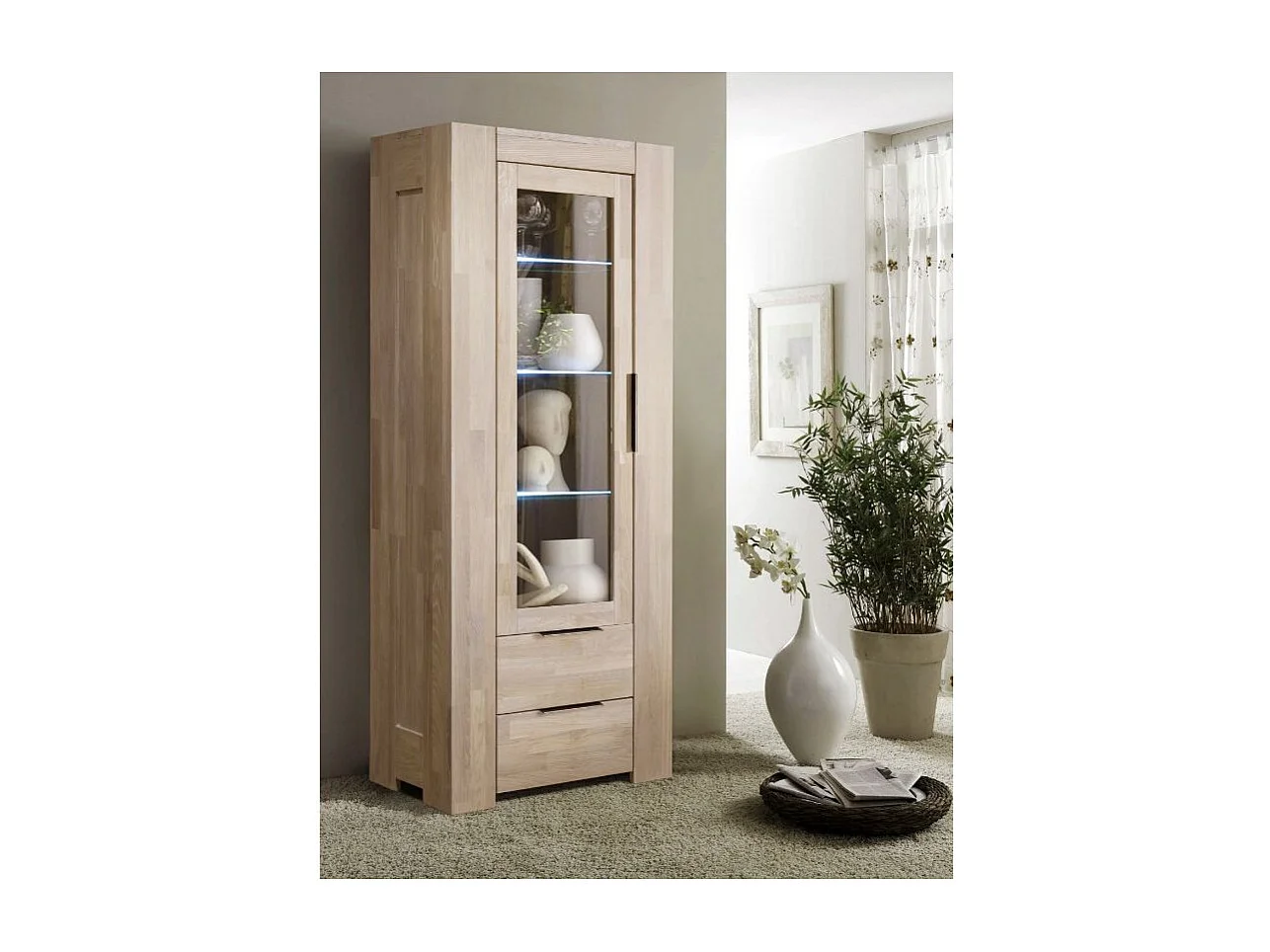 Vitrina en roble macizo blanqueado 1 puerta cristal 2 cajones Nordo 80 cm