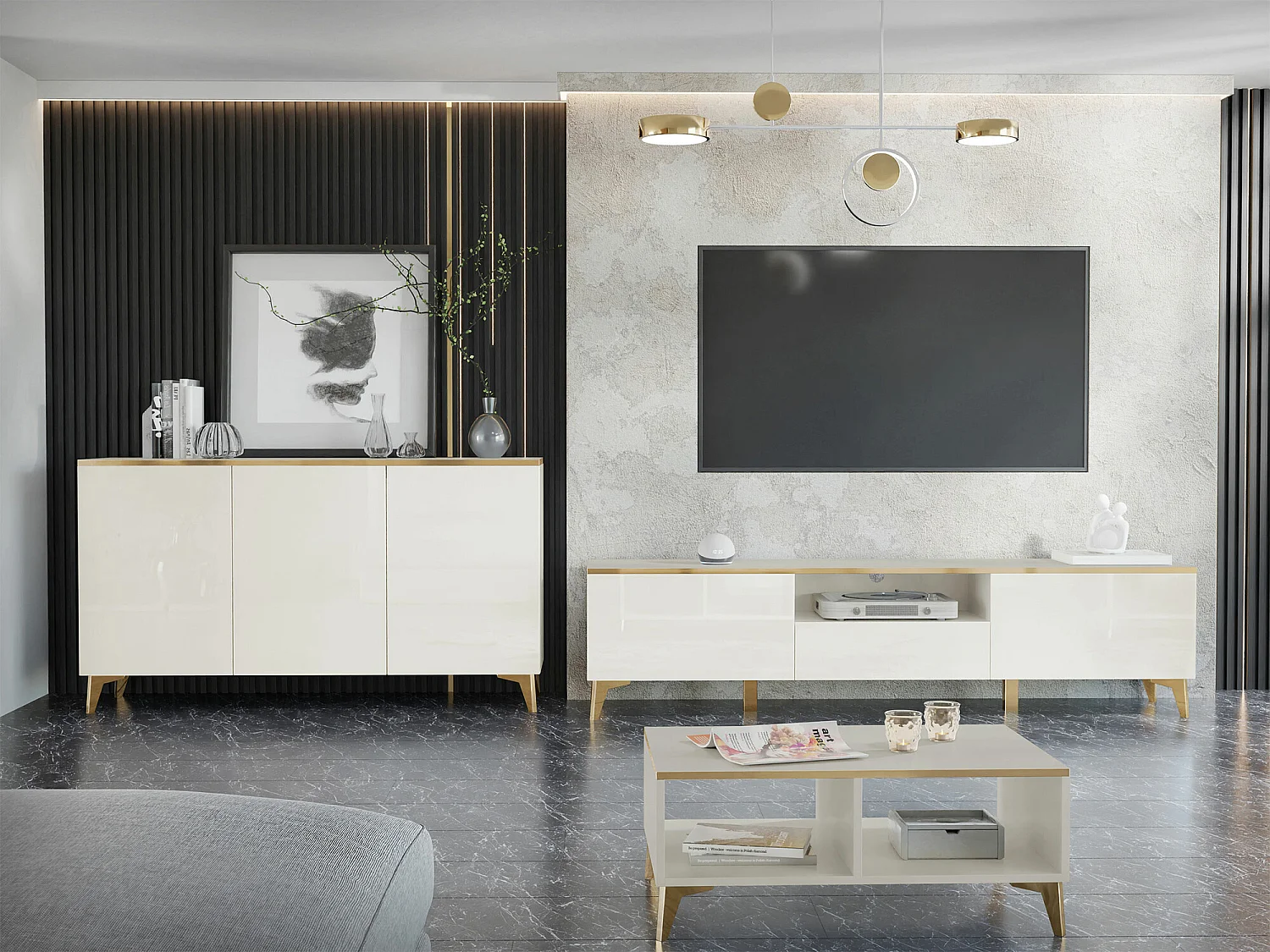 Meuble TV Comfivo Virfera 102, Beige, 200x50x40cm