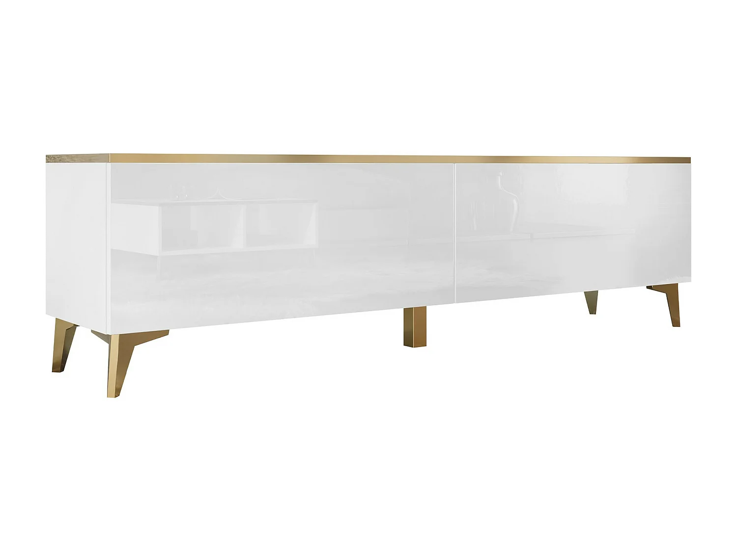 Meuble TV Comfivo Virfera 103, Blanc brillant|Blanc|Doré, 180x50x40cm