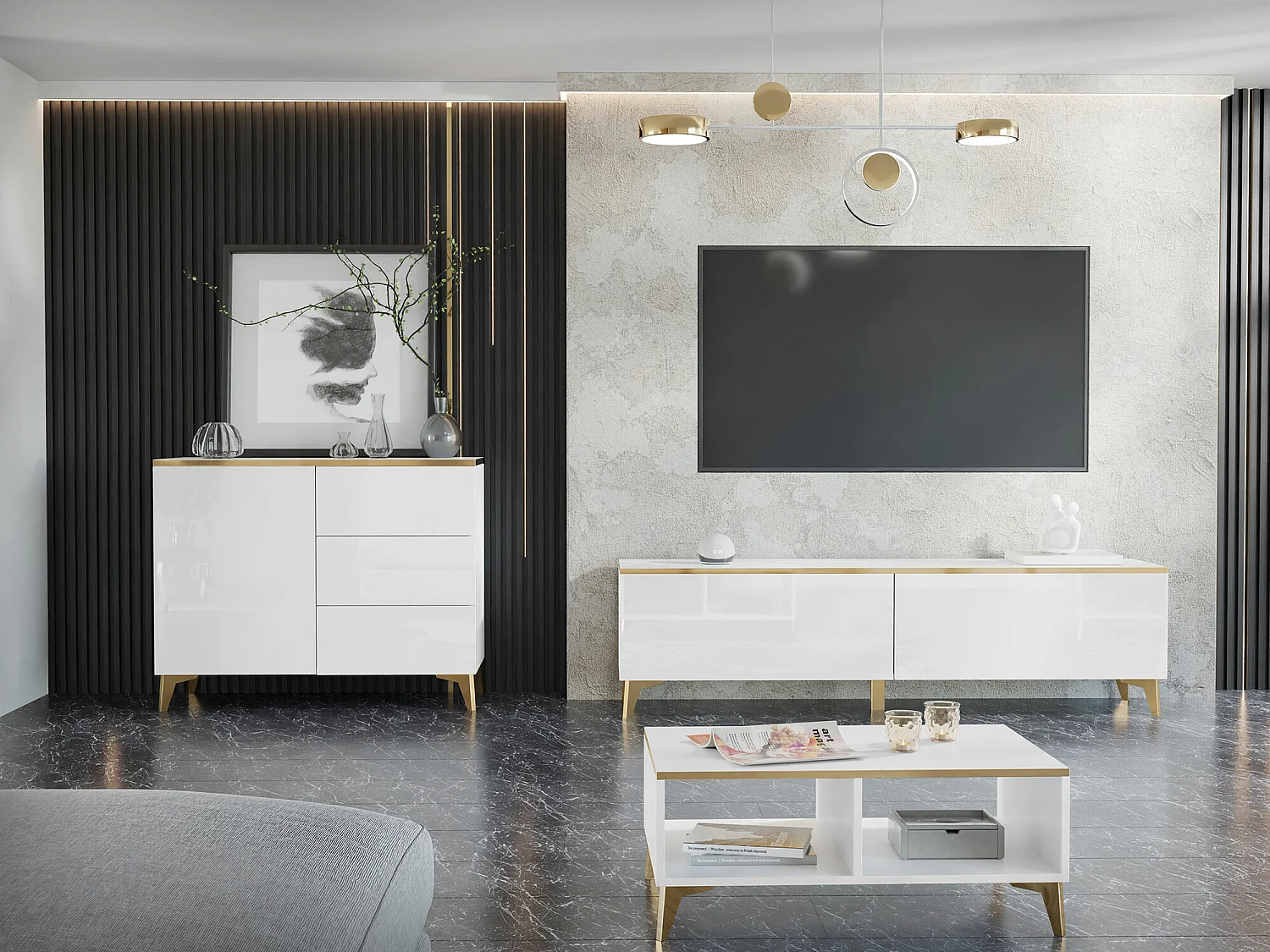 Meuble TV Comfivo Virfera 103, Blanc brillant|Blanc|Doré, 180x50x40cm