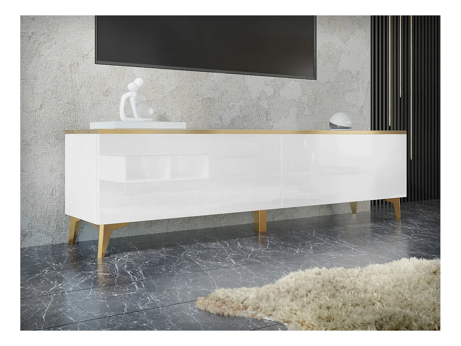 Meuble TV Comfivo Virfera 103, Doré|Blanc brillant|Blanc, 180x50x40cm