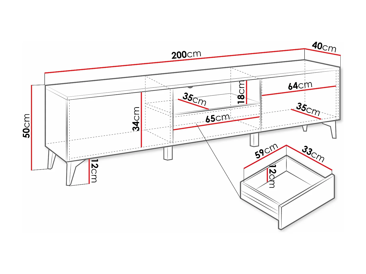 Meuble TV Comfivo Virfera 102, Blanc, 200x50x40cm