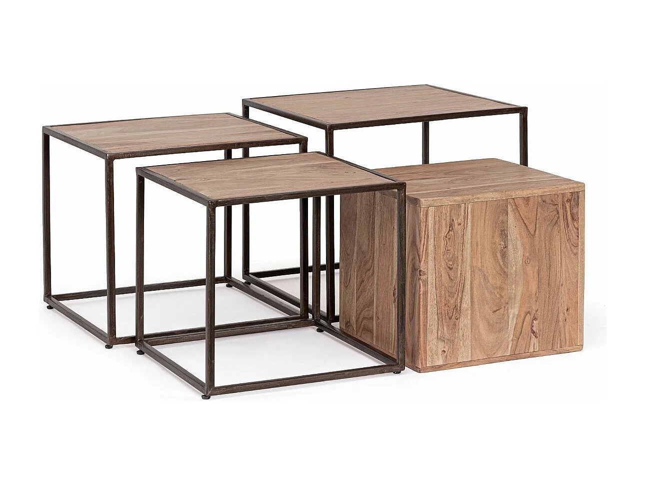 Modulaire industriële salontafel acaciahout en bruin staal Palma - Set van 4