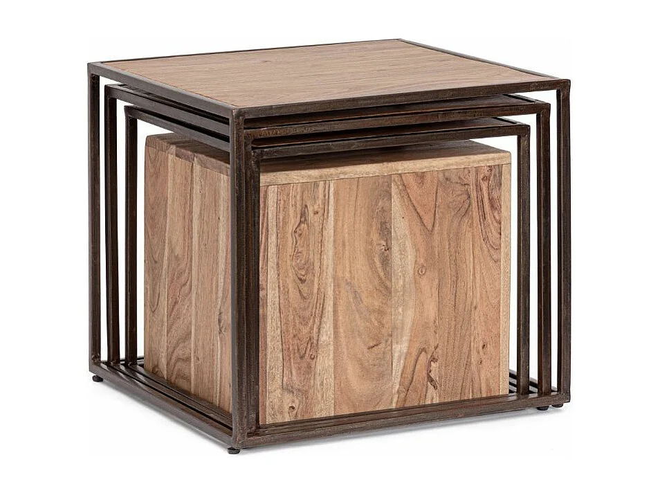 Modulaire industriële salontafel acaciahout en bruin staal Palma - Set van 4