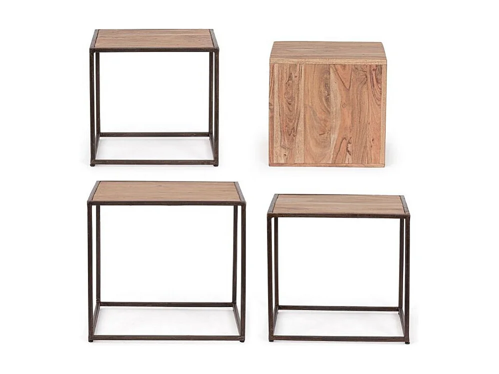 Modulaire industriële salontafel acaciahout en bruin staal Palma - Set van 4